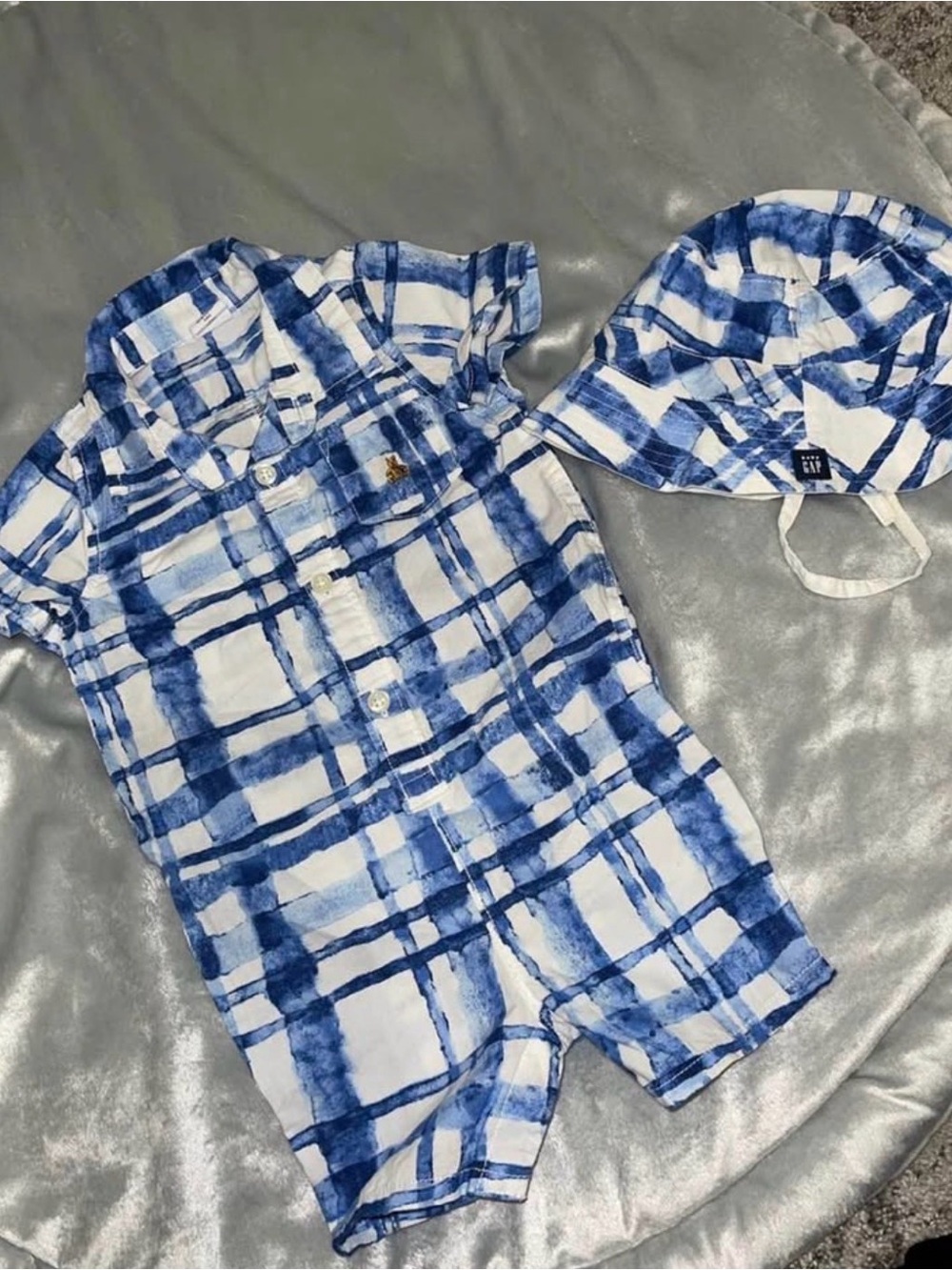 GAP Blue and White Plaid Baby Romper Set